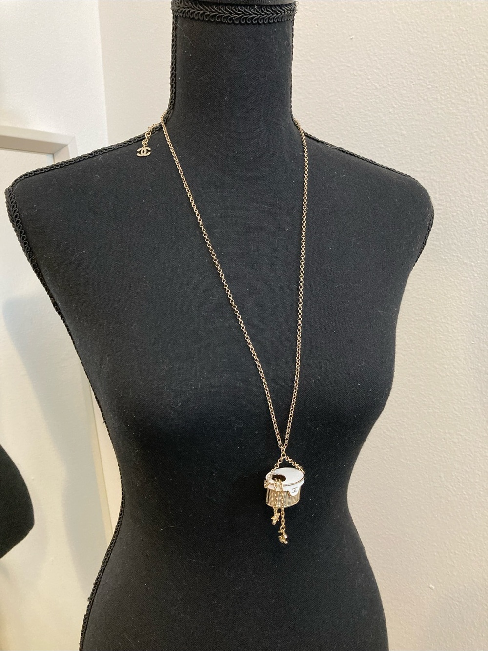 CHANEL Gold-Tone Long Necklace with White Enamel Basket Pendant
